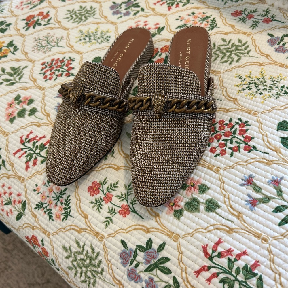 Kurt Geiger Sparkle Brown Tweed Mules with Chain Detail